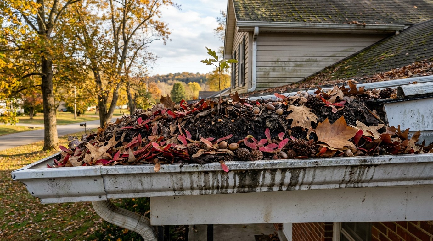 Clogged gutter full of Kentucky tree debris in Nicholasville Jessamine County red maple oak tulip poplar leaves overflow