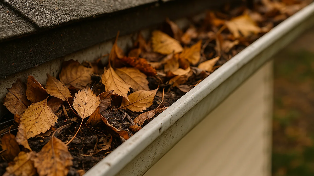 Clogged gutter full of Kentucky tree debris tulip poplar Bradford pear oak leaves Nicholasville Jessamine County craftsman home Kevin overflow