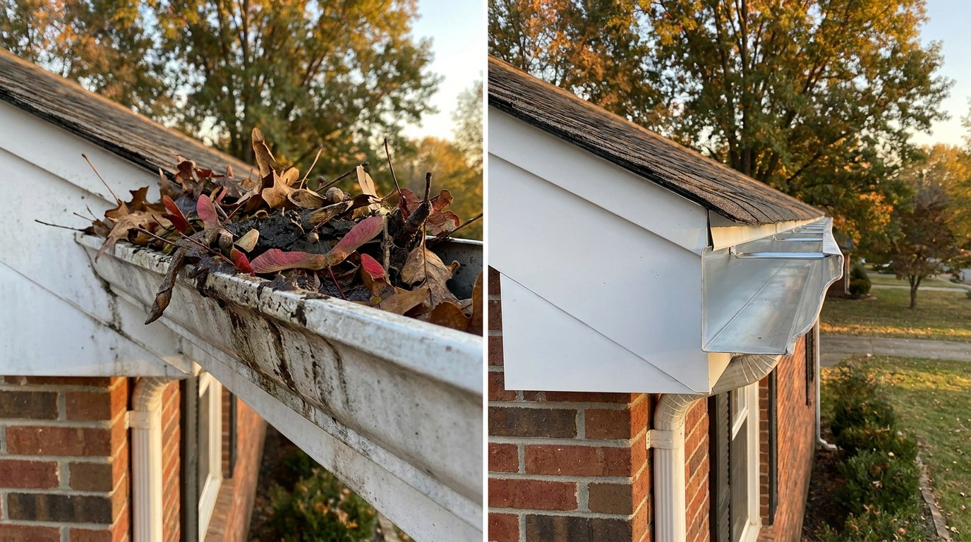 Gutter cleaning before and after in Nicholasville Kentucky Jessamine County tree debris red maple oak overflow cleaned