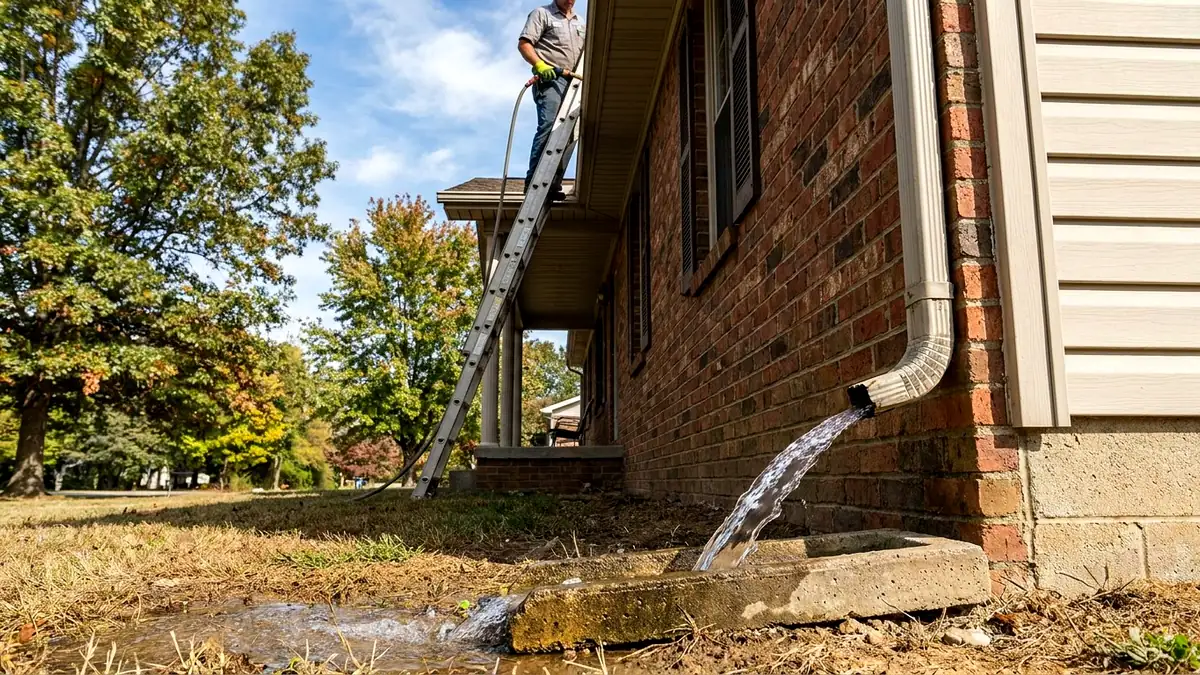Professional gutter cleaning on a brick residential home in Nicholasville Kentucky Jessamine County fall leaf debris overflow staining Kevin Bluegrass