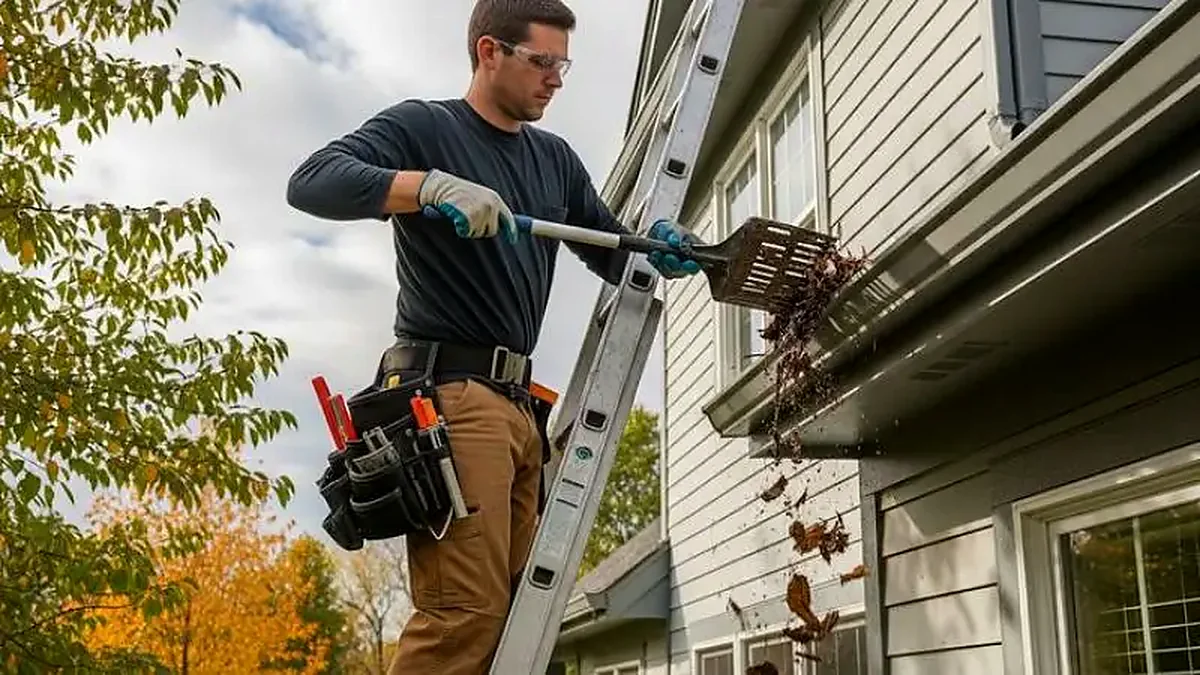 Kevin gutter cleaning specialist on ladder at two-story colonial home in Nicholasville Kentucky Jessamine County fall oak leaves